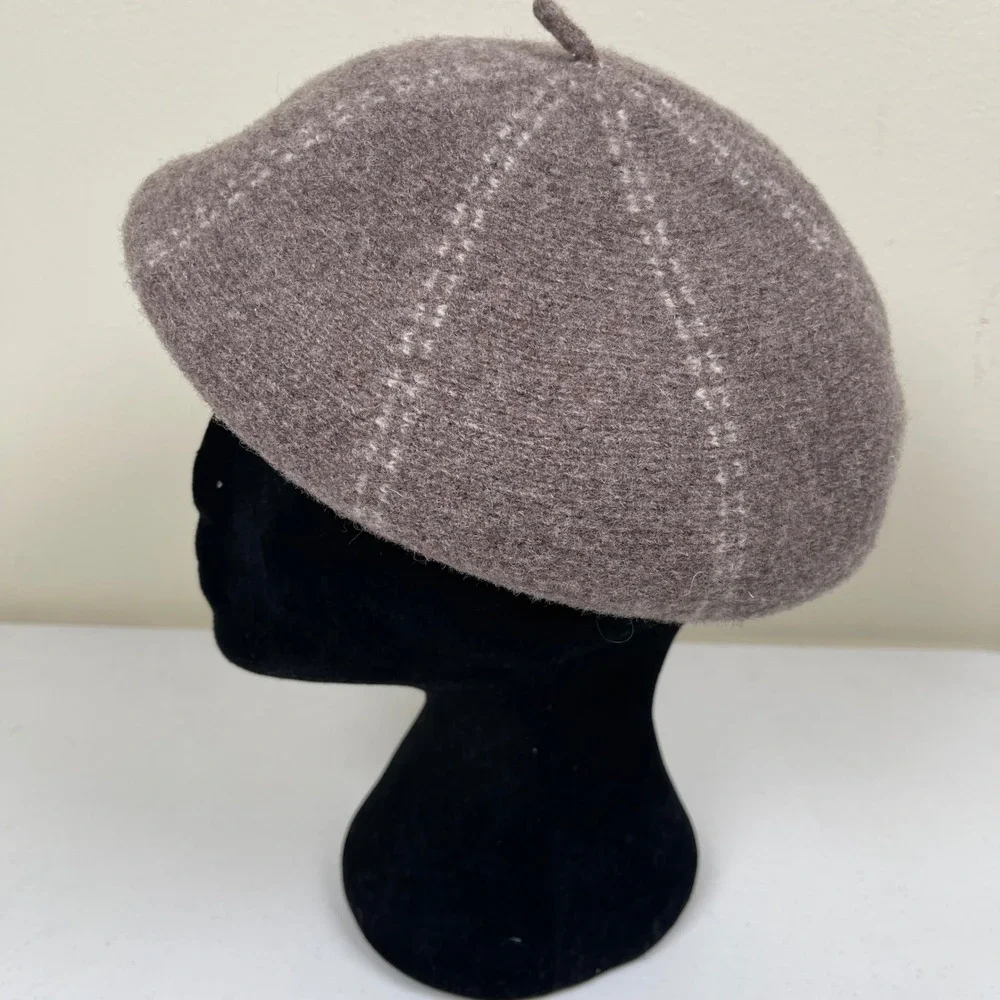 Vintage SCALA 100% Wool Beret Hat Cap Taupe Cream Striped‎ Thick Knit Nuetral